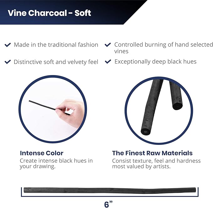 Pacific Arc 2 Pack Artist Vine Charcoal, Soft, Black 4 Charcoal Sticks for Drawing, Sketching, and Fine Art