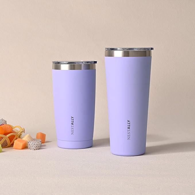 NESTALLY Coast 20oz Stainless Steel Tumbler, Extra Capacity Holds Up to 22oz, Double Wall Vacuum Insulated Travel Coffee Mug with Lid & Metal Straw, Leakproof Reusable Cup for Travel (Lavender)