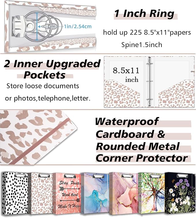 3 Ring Binder 1 Inch for 8.5"x11" Paper, Three Ring Binders with Clipboard, 5 Dividers with Tabs and Pockets, Transparent Folder, 18 Divider Stikers, BVSSX Decorative Binder with Pen Holder,Leopard