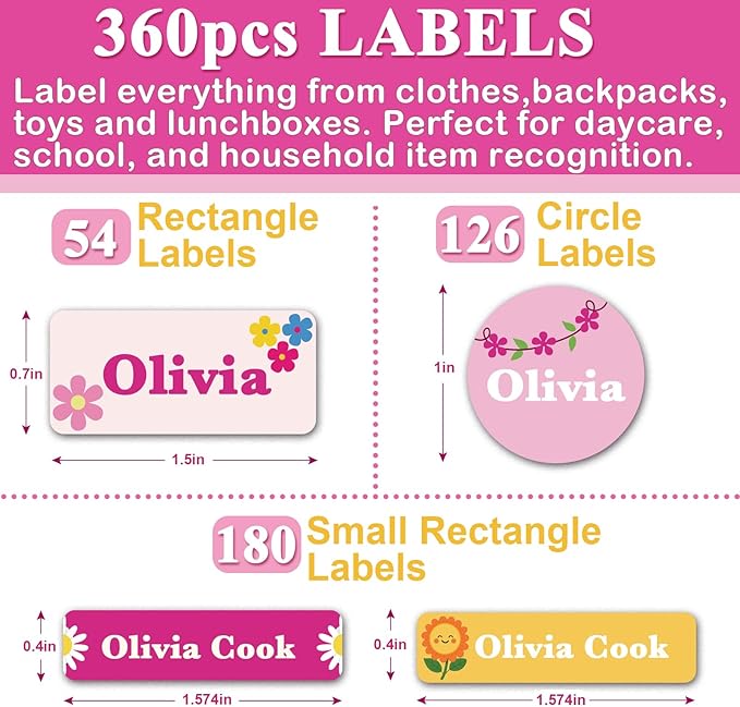Daycare Name Labels for Kids, 360pcs Waterproof & Removable Name Stickers for Water Bottles, Lunch Boxes and School Daycare Name Tag (Flower)