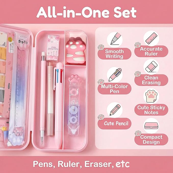 9+1 Pcs Pink Kawaii Stationery Set, Cute Cat Paw School Supplies, Japanese Style Office Student Best Gifts