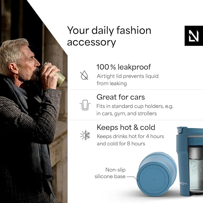 LARS NYSØM Thermo Coffee Mug to go 13oz | Travel Mug 0.38 Liter with Insulation | Silicone grip base | Leak Proof Stainless Steel Tumbler for Coffee and Tea on the Go (Powder Calypso Blue, 13oz)