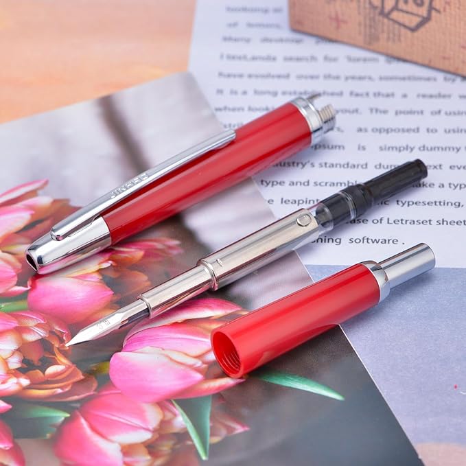 Jinhao 20 Press Fountain Pen, Palace Red Retractable Extra Fine Nib with Ink Converter Set (Silver Clip)