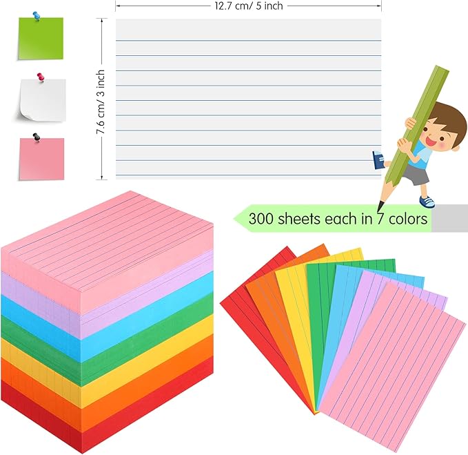 Fainne 2100 Pcs Colored Index Cards Bulk Neon Ruled Note Cards with Lines for Studying Rainbow Pad Index Notecards for Studying School Supply College Office(3 x 5 Inch,Bright Color)