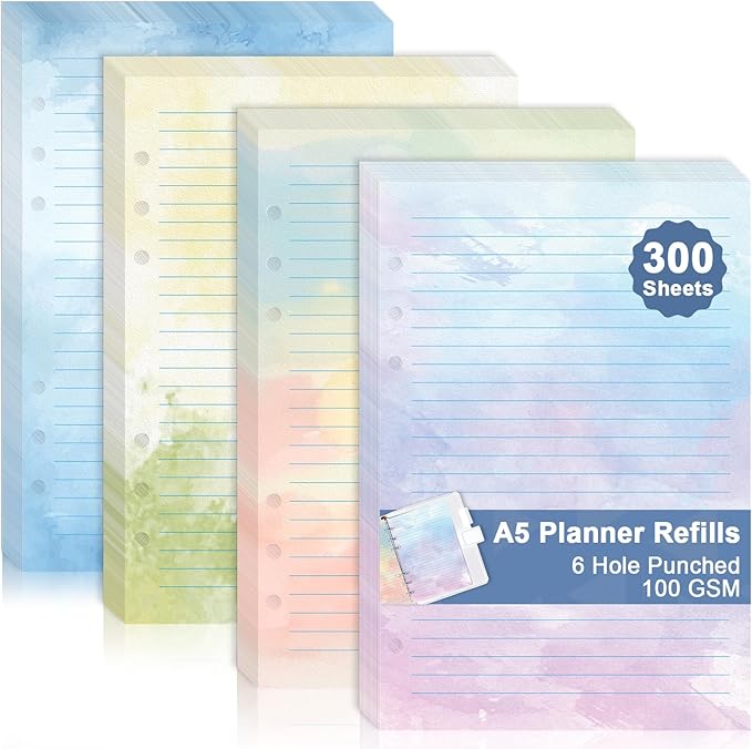 300 Sheet Watercolor A5 Refill Paper Planner Inserts for 6-Hole Binder A5 Loose Leaf Lined Refill Paper 100 GSM Notebook Filler Paper 6 Hole Loose Leaf Paper for Budget Planner Journal 5.6" x 8.2"