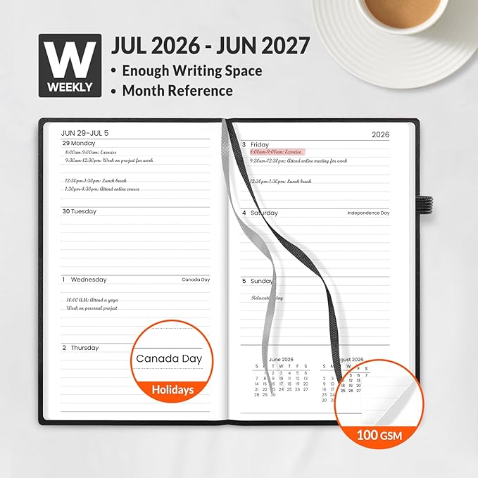 SUNEE 2026-2027 Pocket Weekly Planner for Purse 3.5" x 6" - 12 Month (July 2026 - June 2027) Academic Year Calendar, Pocket Size Planner, Hardcover, Note, 100 GSM Paper, Black