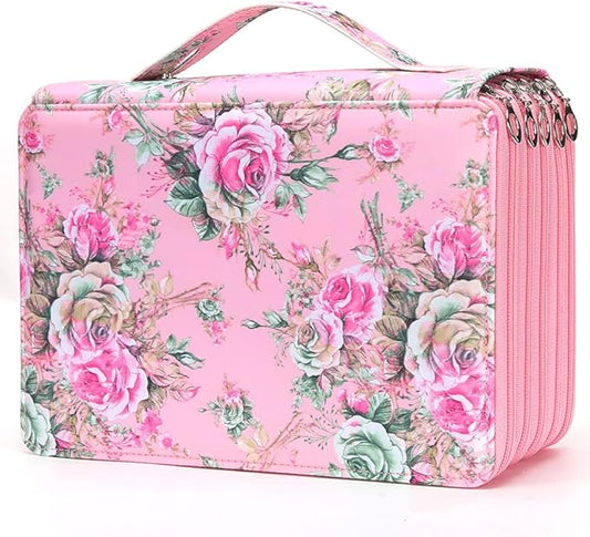 Vomgomfom 252 Slots Pencil Bag, 5-Layer Zipper Art Supply Organizer, PU Leather Portable Colored Pencil Case with Handle for 252 Watercolor Pens, Gel Pens (Pink Rose)