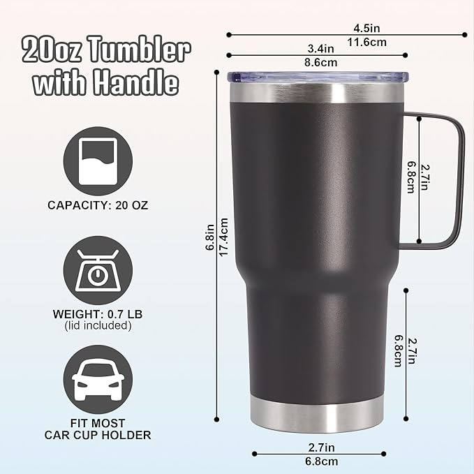 20 oz Tumbler with Handle and Lid, Stainless Steel Tumbler Insulated Travel Coffee Mug, Spill Proof Double Wall Vacuum Tumbler Cup Keep Drink Hot & Cold, Grey, 6 Pack