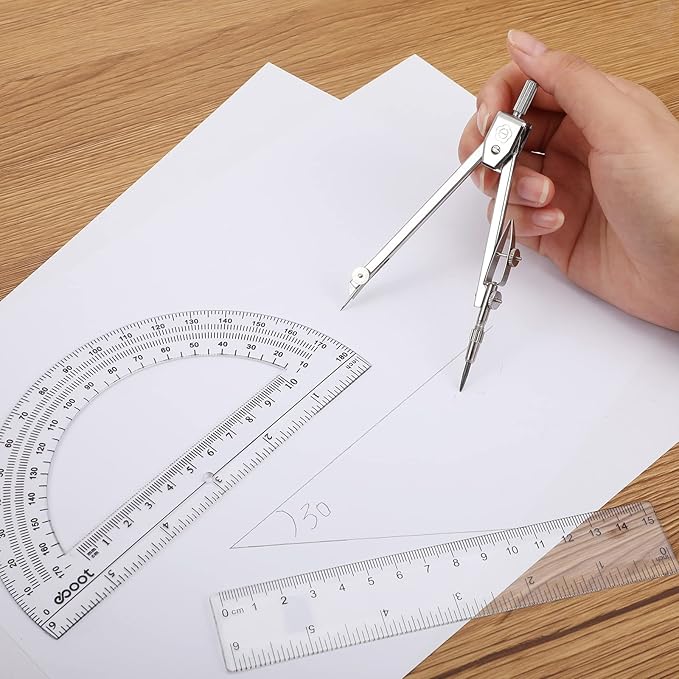 Zonon 3 Pcs Plastic Ruler 6 Inch Protractor Drawing Compass Set, Student Geometry Math Transparent Measuring Tools for Home School Classroom Office Supplies(6 Inch,Clear)