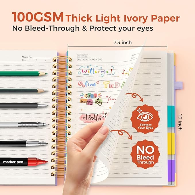Line Hardcover Spiral Notebook with Removable Dividers Tabs & Ruler, 5 Subject Notebook College Ruled, 300 Page, Large 8"x10" B5 Notebooks for Work School, Lined Journal for Women & Men, Light Purple