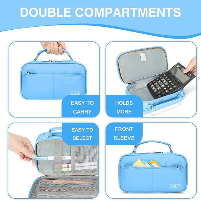 VASCHY Pencil Case, Aesthetic Kawaii Large Pencil Pouch Stationary Pencil Bag/Box for Preppy Middle School College Students, Pen Organizer Holder School Supply Blue