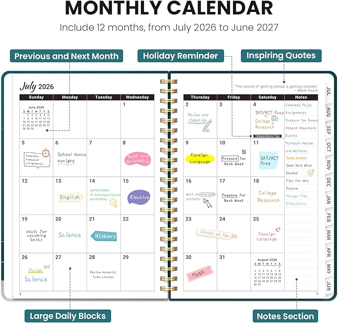 Planner 2026-2027, Academic Planner Weekly and Monthly, Jul 2026 - Jun 2027, Spiral Bound School Planning Tool with Tabs and Pocket, Perfect for Students & Teacher, 6.3" x 8.5", Teal Blooms