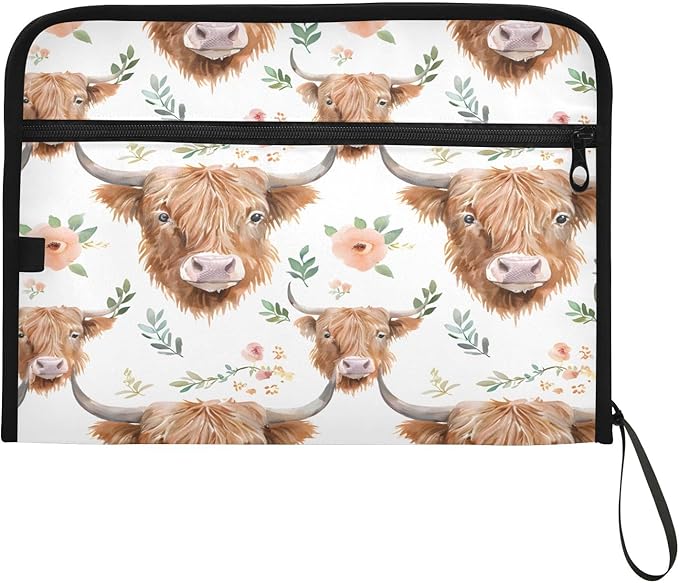 Watercolor Floral Highland Cows Pattern 13 Pocket File Organizer Expanding File Folder with Front Pouch Portable Business File Storage Document Organizer Folder with Zipper