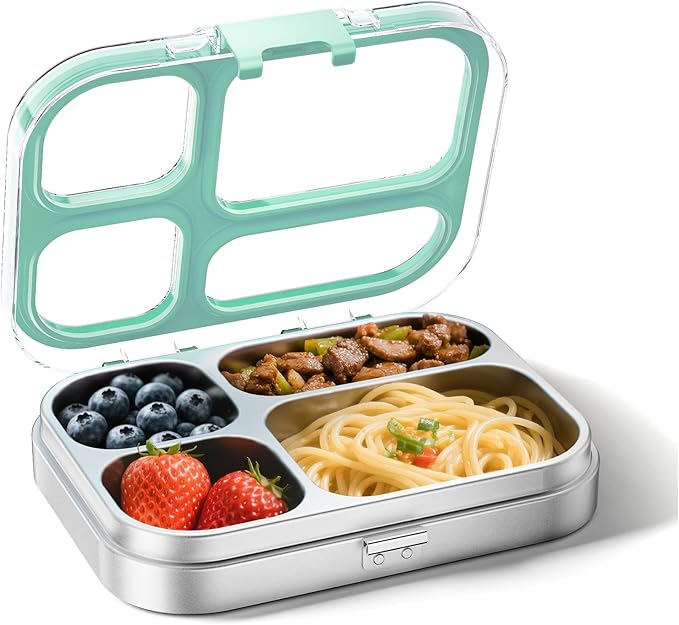 G.a HOMEFAVOR Stainless Steel Lunch Box - 4 Compartments Bento Box for Kids, Leakproof Food Container for School, Office, Dishwasher Safe, BPA-Free, 800 ml/27 oz, Green