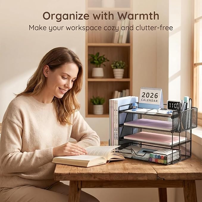OPNICE Desk Organizers and Accessories, 4-Tier Workspace Desktop File Organizer with Drawer & Pen Holder, Paper Tray Organizer with File Holder, Office Desk Accessories for Home Office Supplies, Black