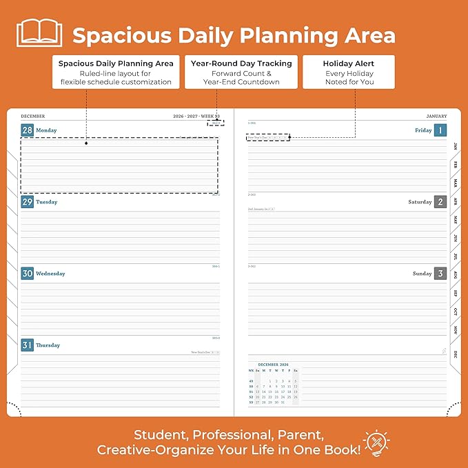 Weekly Monthly 2026-2027 Planner (July 26-Dec 27),11.5"x8.5",18 Months Agenda Plan with Month Tabs & Pocket,Expenses/Note Pages, Academic Calendar with Vegan Leather Cover,Orange