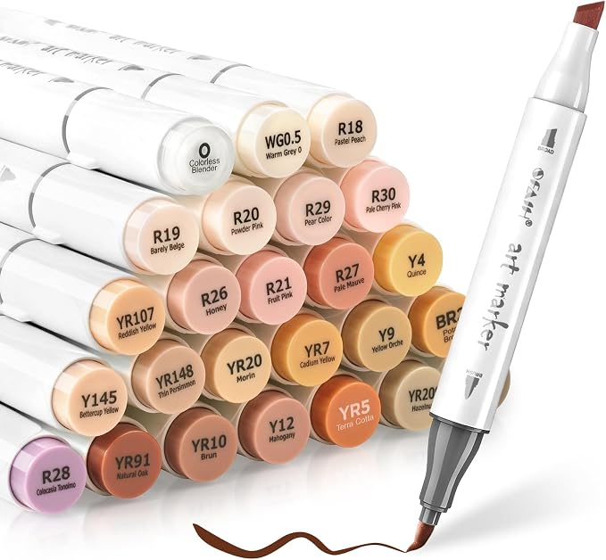 SFAIH Skin Tone Alcohol Markers Brush & Chisel [25 Diverse Portrait Colors]