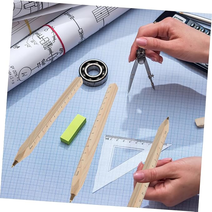 Natural Wood Ballpoint Pens with Printed Ruler 20pcs Set, Biodegradable Carpenter Woodwork Marker Pens Black for Construction and Office Use