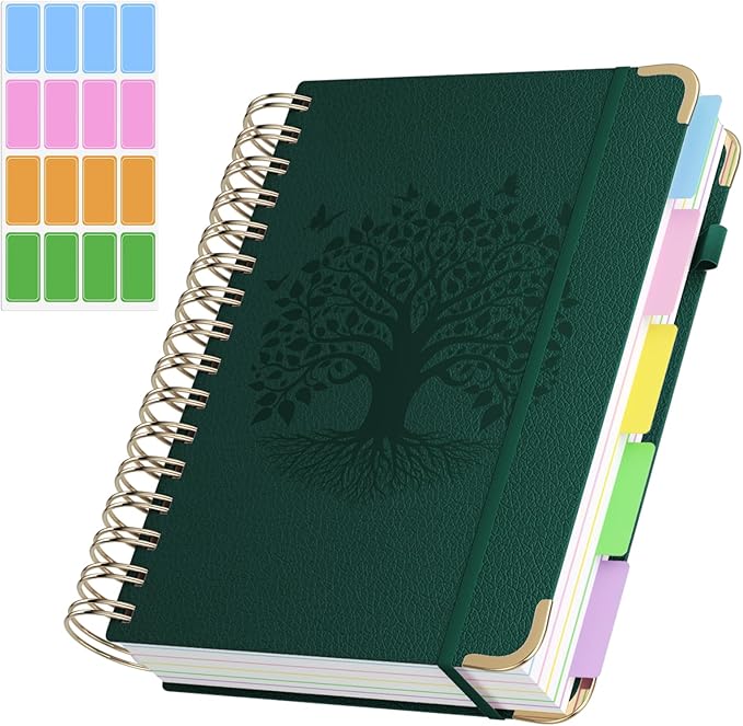 Hardcover Spiral Notebook, A5 Journal with Removable Dividers Tabs, 5 Subject Notebook College Ruled, 320 Pages 6"x8" Leather Notebooks for Work School Study, Lined Journal for Women, Drak Green