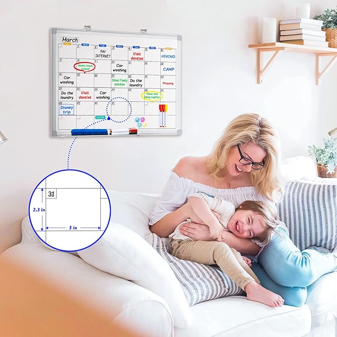 Dry Erase Calendar Whiteboard for Wall, 24" x 18" Magnetic Monthly White Board Calendar Dry Erase, Wall Hanging Aluminum Frame with Tray for Home, School, Office