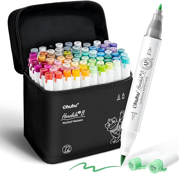 Ohuhu Alcohol Markers Brush Tip - AP Certificated Double Tipped Art Marker Set for Artist Adults Coloring Illustration- 72 Colors - Refillable - Fine and Brush Dual Tips - Honolulu 2B of Ohuhu Markers