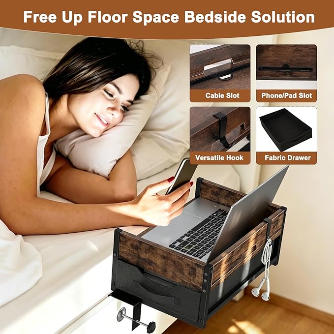 2 Tier Bedside Shelf - Clip on Bedsides Caddy Organizer for Dorm Bunk Beds, Floating Nightstand Bed Side Table Storage with Fabric Drawer, Bunk Bed Accessories Bedside Tray for College, Back to School