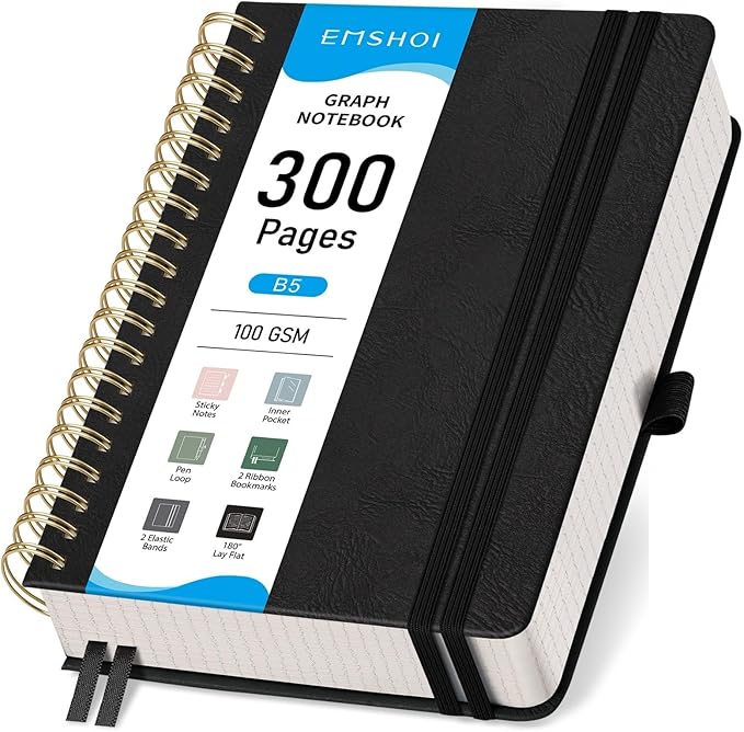 EMSHOI Spiral Graph Notebook, 300 Pages, B5 Large 7.48"x10.15", 100 GSM Thick Paper, PU Leather Hardcover, 5mm Grid Journal for Work School Math Engineering Writing Graphing, Black