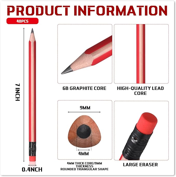 Seajan 48 Pcs 6B Jumbo Pencils, Big Fat Thick Triangular Grip 7 Inch Large Pencils Refill with Eraser for Kid Beginner Preschooler Kindergarten School Office Writing Christmas(Red)