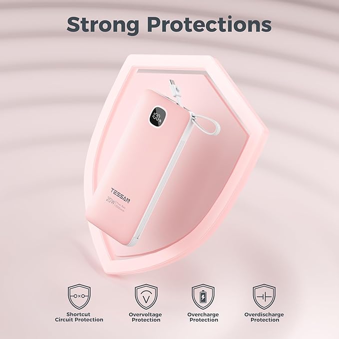 Portable Charger with Built in Cables,TESSAN 10000mAh Power Bank Fast Charging with Foldable Wall Plug Charger, PD20W Compact Battery Pack Travel Essentials for iPhone 17/16/15 Series,Samsung,Tablets