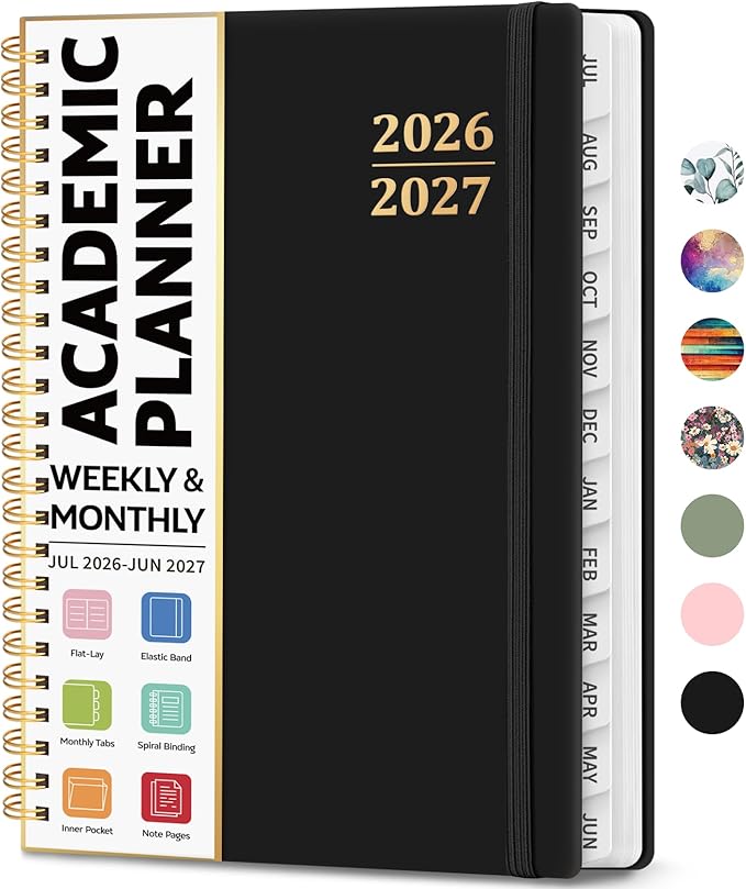 Academic Planner 2026-2027, Weekly and Monthly Calendar Planner Book, July 2026 – June 2027, Hardcover Organizer with Tabs, Perfect for Teachers, Students, Women & Men, A5 (6.4" x 8.5") - Black