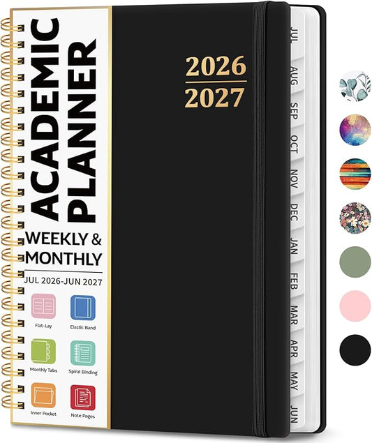 Academic Planner 2026-2027, Weekly and Monthly Calendar Planner Book, July 2026 – June 2027, Hardcover Organizer with Tabs, Perfect for Teachers, Students, Women & Men, A5 (6.4" x 8.5") - Black