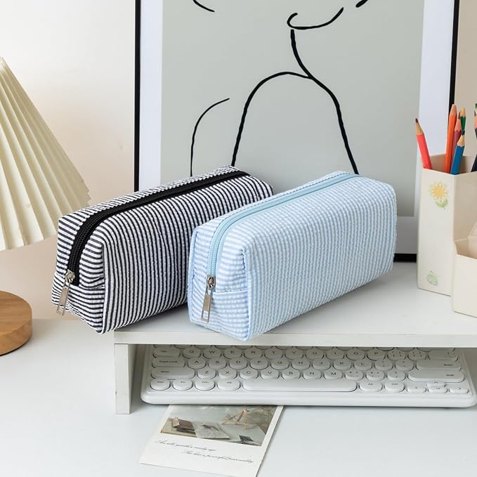 Cute Large Capacity Pencil Case | Aesthetic Striped Pencil Pouch for Office Supplies Organizer (Black)