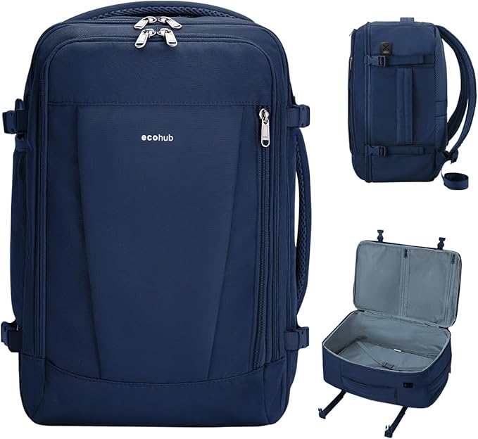 ECOHUB 17'' Travel Backpack, Personal Item Backpack with 13 Pockets, Flight Approved Carry on Backpack with USB Port & Luggage Sleeve, Travel bag for Men & Women, Water Resistant Backpack, Blue | 16.7"x10"x8" Small Backpack with 13 Pockets Water Resist...