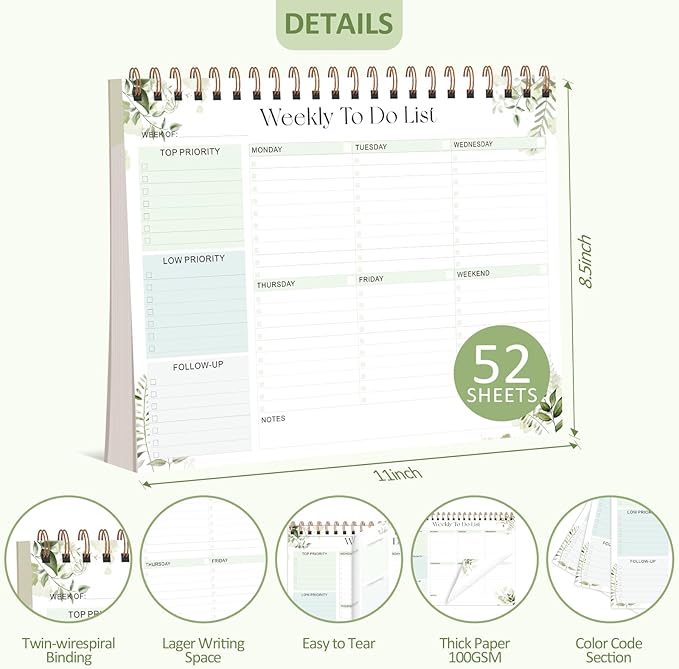 Weekly To Do List Notepad, 52 Sheets Undated Weekly Planner, 8.5"x11" Letter Size Horizontal Desk Pad with 100GSM Thick Paper, Twin-Wire Spiral Bound Tear Off Lined Organizer for Office Work, School & Home