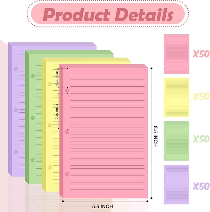 200 sheet Half Letter Lined Paper 3 Hole Punch 5-1/2 x 8-1/2 College Ruled Loose Leaf Notebook Paper Lined Refills Paper Colored Wide Ruled Paper Mini Binder Paper Fits 3 Ring Binders For Office