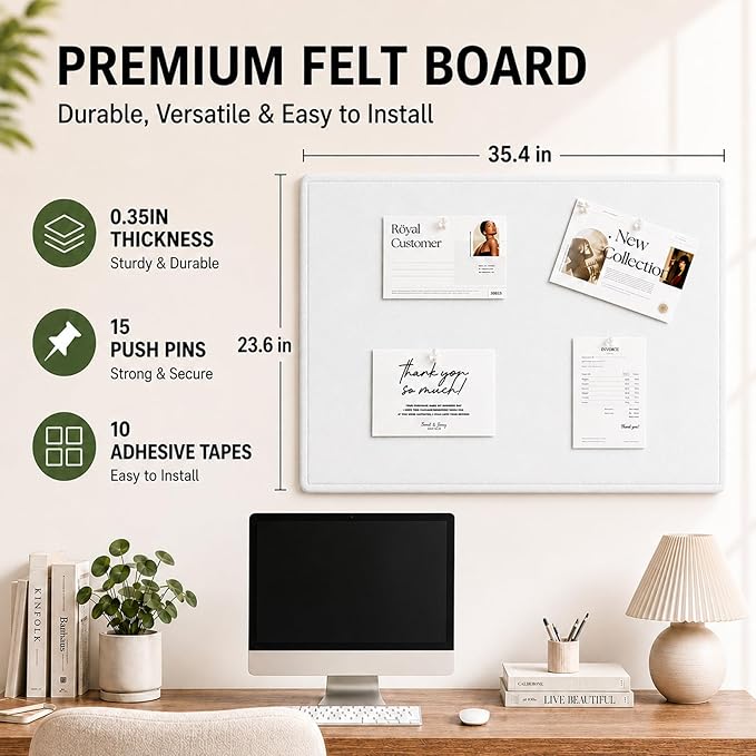 Felt Bulletin Board for Wall 36" x 24" Unfolded Size, Frameless Felt Pin Board, Soft Cork Board Alternative for Office, Home Planning, Notes, Photos & Wall Decor, Foldable Shipping, Easy Install