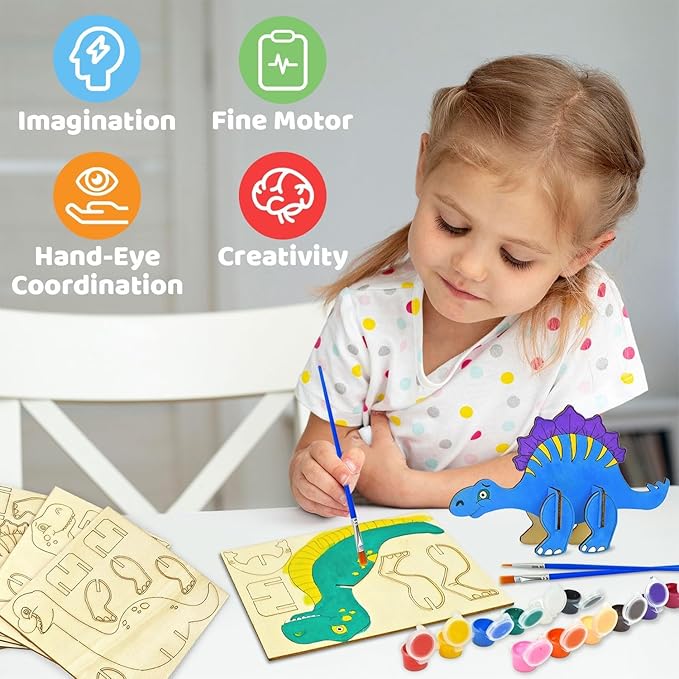 Vileafy Wooden Dinosaur Crafts for Kids Ages 4-8, 3D DIY Painting Kit with 6 Dinosaurs Toys, Brushes & Paint -Arts and Crafts - Preschool Activity and Gift for Boys and Girls
