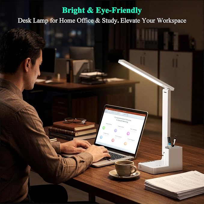 COZOO LED Desk Lamp with 2 USB Charging Ports,Type C Port,1 AC Outlet,2 Pen Holders,3 Color Temperature 3 Brightness Level,Touch/Memory/Timer,10W Eye Protection Foldable Reading Light,Study Lamp-White