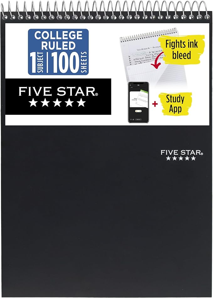 Five Star Top Spiral Notebook + Study App, 1 Subject, College Ruled Notepad, 8-1/2" x 11", 100 Sheets, Fights Ink Bleed, Water Resistant Cover, Black (820058A-ECM)