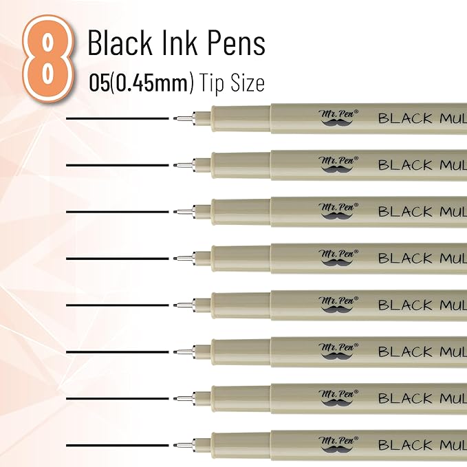 Mr. Pen- 0.45mm Micro Fine Point Pens, 8 Pack, Black Ink, Waterproof, Acid-Free, No-Smear Quick-Dry Fineliner Pens for Drawing, Sketching, Bible Journaling, Outlines & Everyday Writing