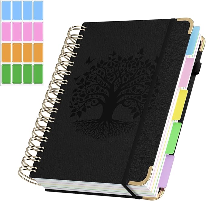 QIYVLOS Hardcover Spiral Notebook, A5 Journal with Removable Dividers Tabs, 5 Subject Notebook College Ruled, 320 Pages 6"x8" Leather Notebooks for Work School Study, Lined Journal for Women, Black