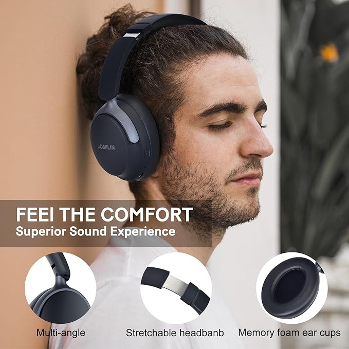 JOMILIN C5 Active Noise Cancelling Headphones, Wireless Over Ear Bluetooth Headphones, 3EQ Modes via Button, 60H Playtime Lightweight Folding Stereo Bass Headset with Mic, for Travel Home Space Black