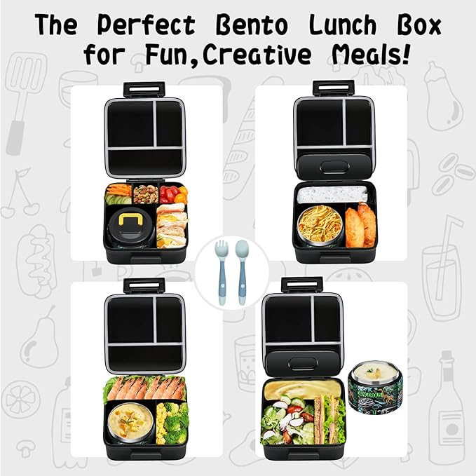 JXXM Bento Lunch Box for Kids With 8oz Soup thermo,Leak-proof Lunch Containers with 5 Compartment,thermo Food Jar and Lunch Bag, Food Containers for School (A-Black(Dinosaur Fossil))