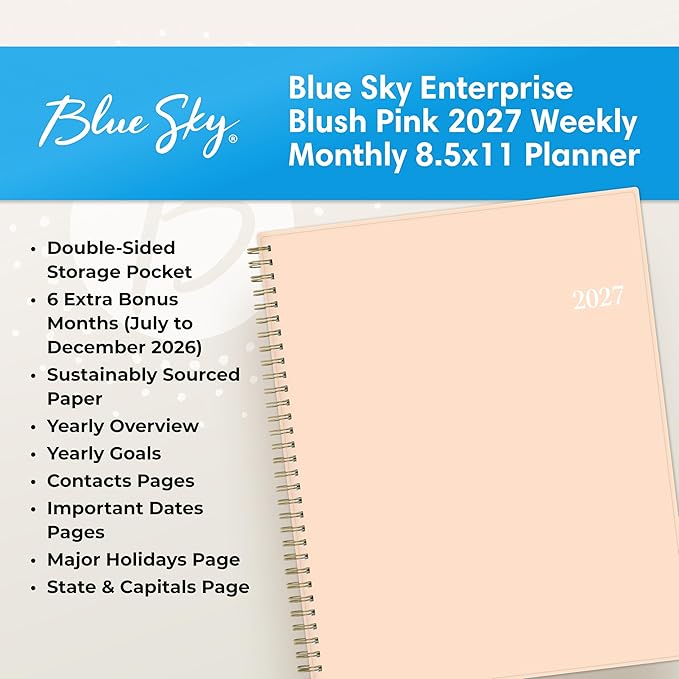 Blue Sky 2027 Weekly and Monthly Planner Calendar, Includes January 2027 - December 2027, 8.5" x 11", Flexible Cover, Wirebound, Laminated Tabs, Storage Pocket, Enterprise Blush Pink