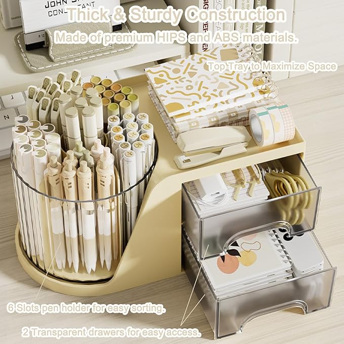 SAYEEC Rotating Desk Organizer with 2 Drawer, 6 Slots Multi-Functional Pencil Pen Holder, Desktop Makeup Organizer Stationery Accessories Storage Box Caddy for Office School Home Art Supplies (Beige)
