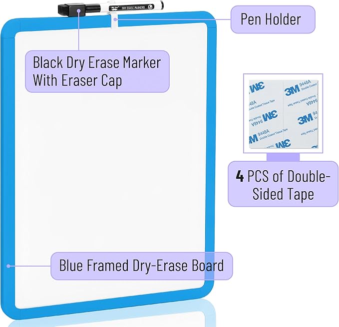 Mr. Pen- Dry Erase Board, 14” x 11” with a Black Dry Erase Marker, Blue Frame, Small Mini White Board for Students, Fridge, Wall, Locker, Includes Double Sided Tapes