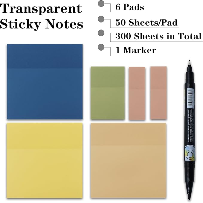 YOUDEFUL Translucent Sticky Notes, Cute Clear Sticky Notes, 3"x3" Waterproof Transparent Sticky Note Pads for Books Annotation, Clear Post it Notes for Bible Journaling Study