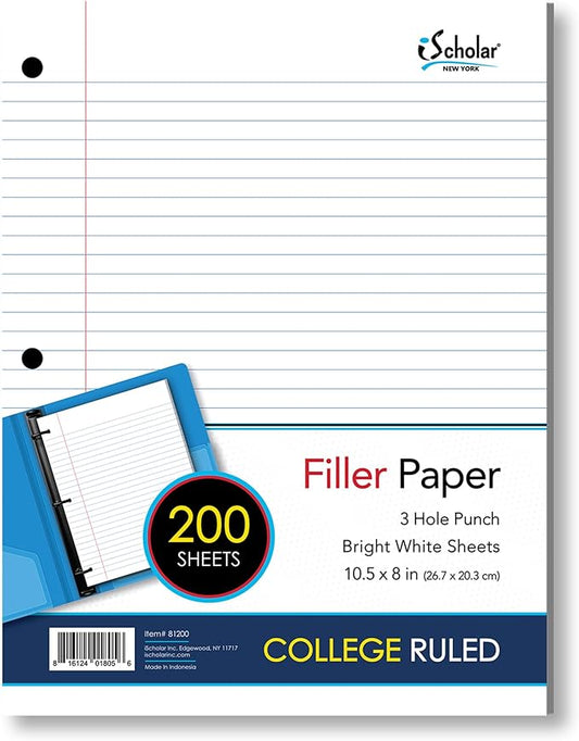 iScholar Wide Ruled Filler Paper, White, 10.5 x 8-Inches, White, 200 Sheets per Pack (81200)
