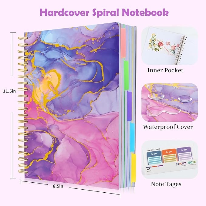 5 Subject Notebook for Work with Removable Dividers Tabs, Large 8.5" x 11 Spiral Lined Notebooks for School Note Taking & Organizer, A4 240 Pages College Ruled Journal for Women & Writing, Pink