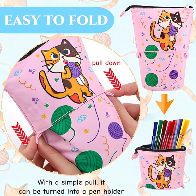 4 Pack Standing Pencil Case, Cute Cat Telescopic Pencil Storage Pouch Stationery Case, Portable Stand Up Makeup Bag Pencil Canvas Holder for Office Supplies, Cosmetics, Christmas Gift
